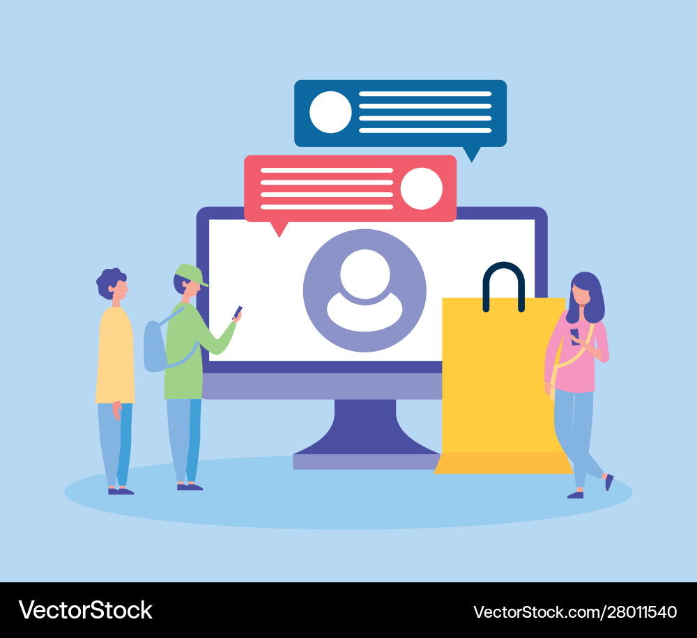 People on line with desktop computer People on line with desktop computer vector image