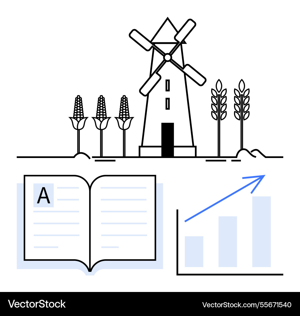 Windmill with crops open book and growing graph Windmill with crops open book and growing graph vector image