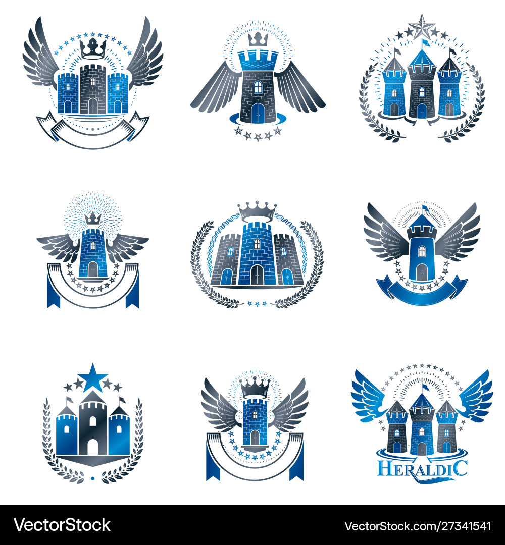 Ancient castles emblems set heraldic coat arms Ancient castles emblems set heraldic coat arms vector image
