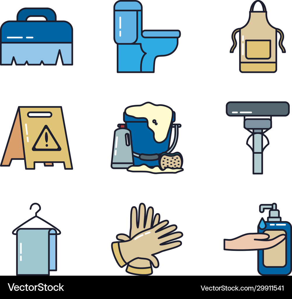Cleaning service line and fill style icon set Cleaning service line and fill style icon set vector image