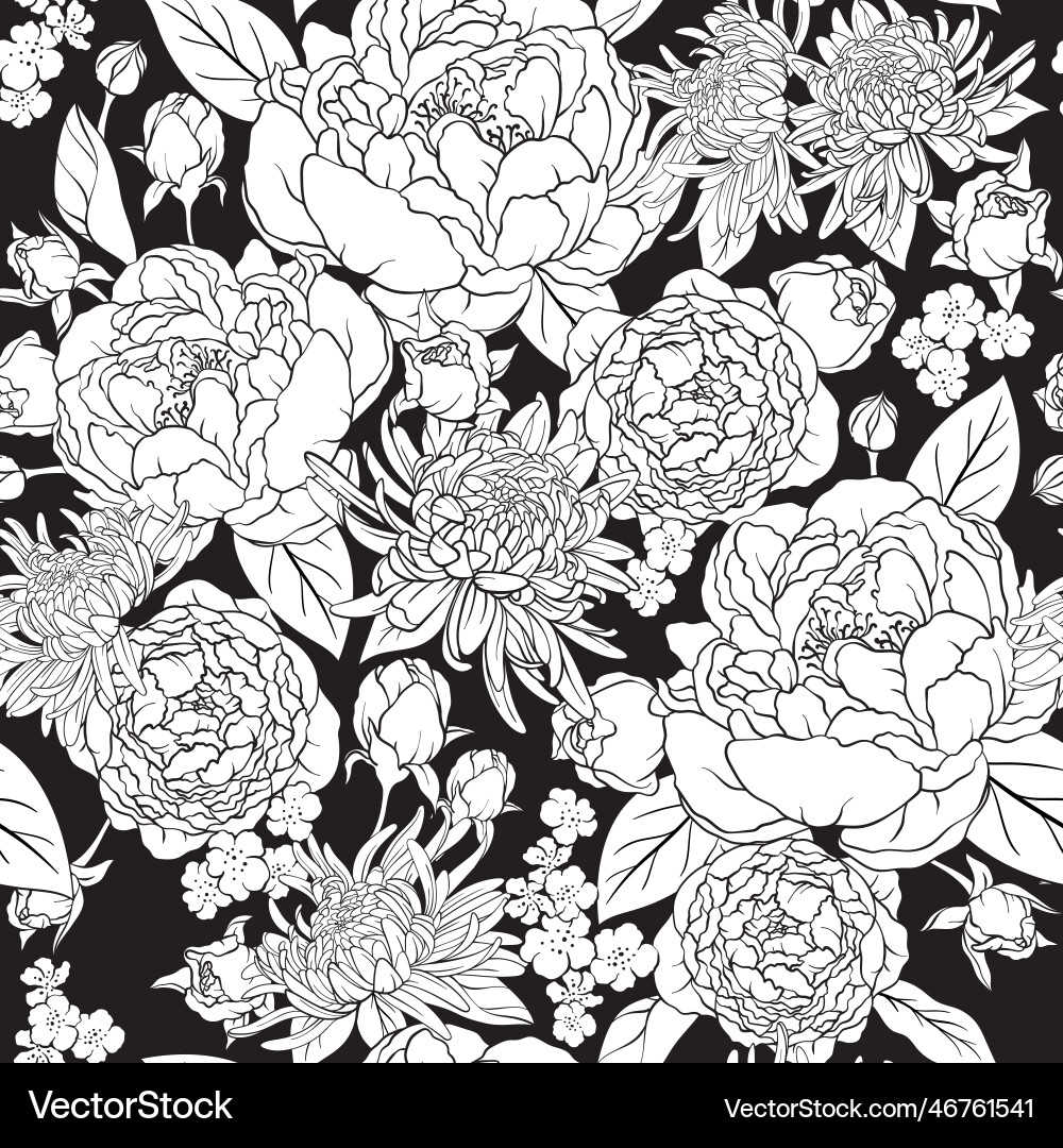Floral Seamless Pattern - Roses, Peonies, Asters Vector Image