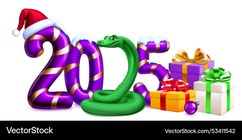 Colorful number 2025 gifts and a green snake Colorful number 2025 gifts and a green snake vector image