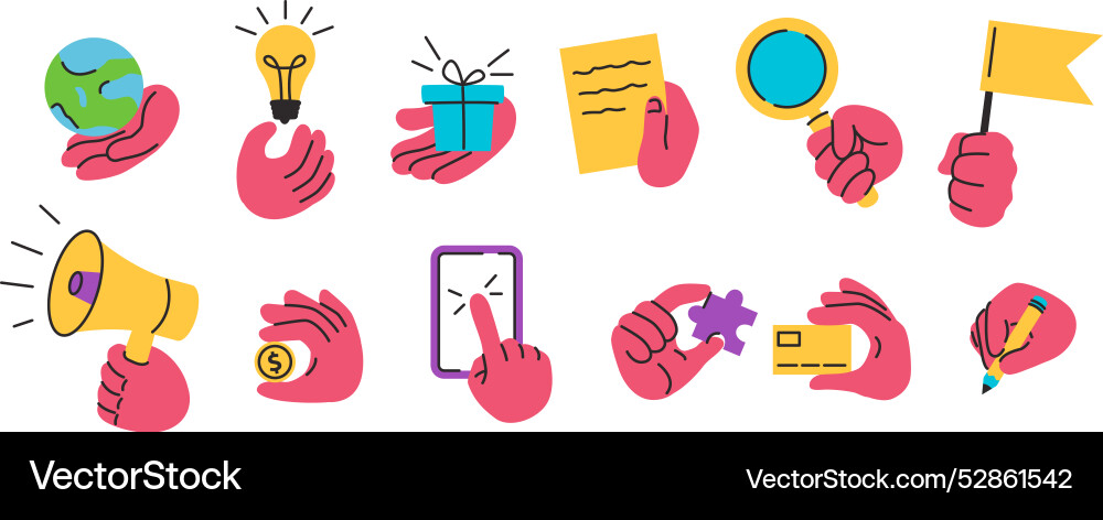 Hands carried icons doodle hand holding globe Hands carried icons doodle hand holding globe vector image