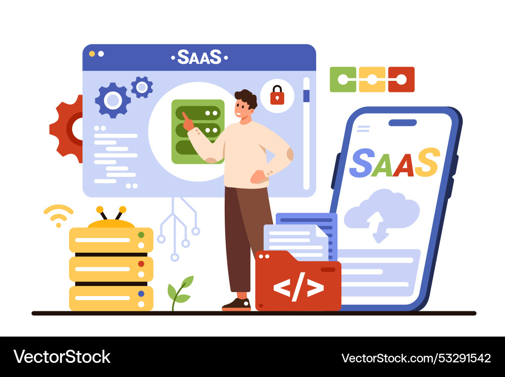 Saas software as service tiny customer working Saas software as service tiny customer working vector image
