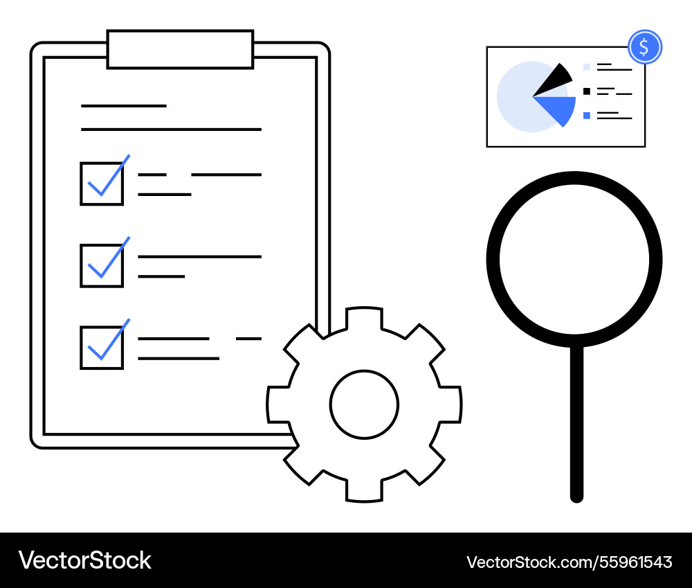 Checklist with tasks analytics pie chart gear Checklist with tasks analytics pie chart gear vector image