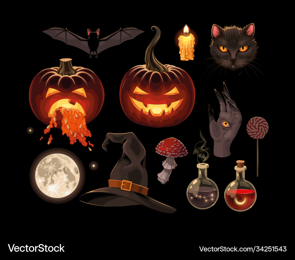 Halloween Magic Supplies & Pumpkins Vector Image