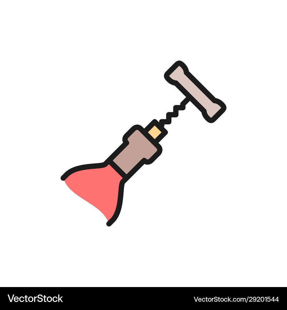Bottle open with corkscrew flat color line Bottle open with corkscrew flat color line vector image