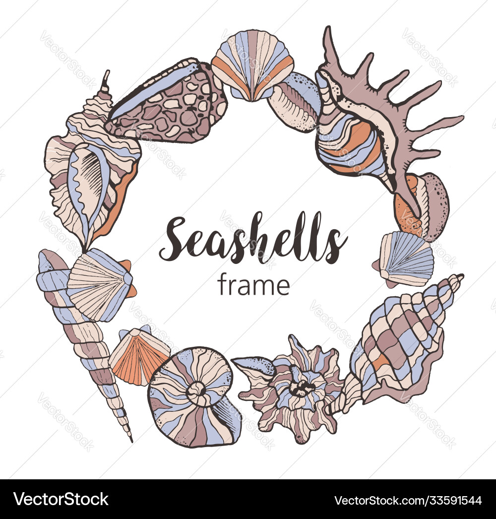 Frame made seashells in cartoon style linear Frame made seashells in cartoon style linear vector image