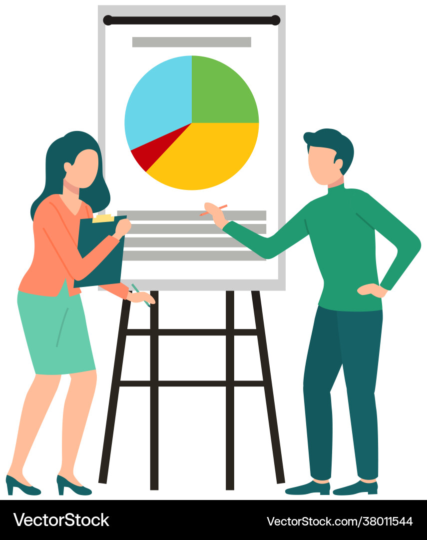 People discussing pie chart with statistical data People discussing pie chart with statistical data vector image