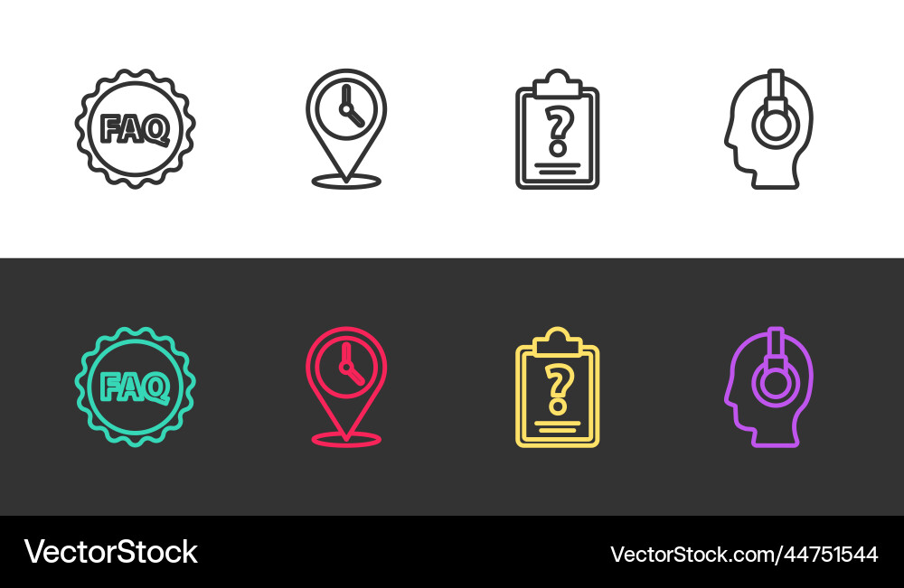 Set line label with text faq location clock Set line label with text faq location clock Vector Image