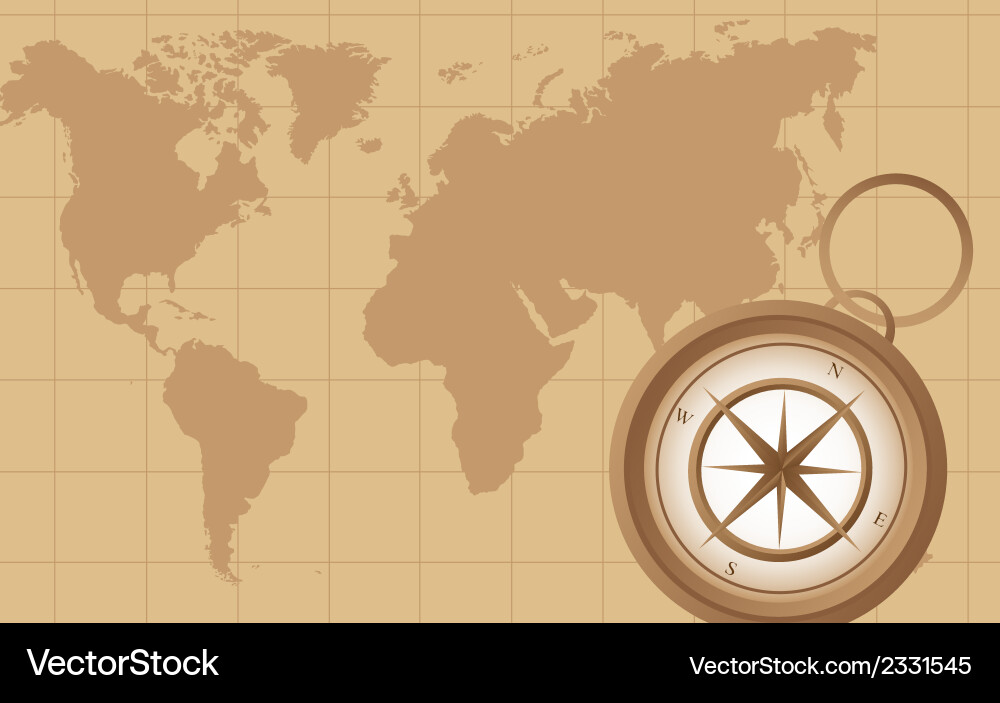 Old compass on map background vector image