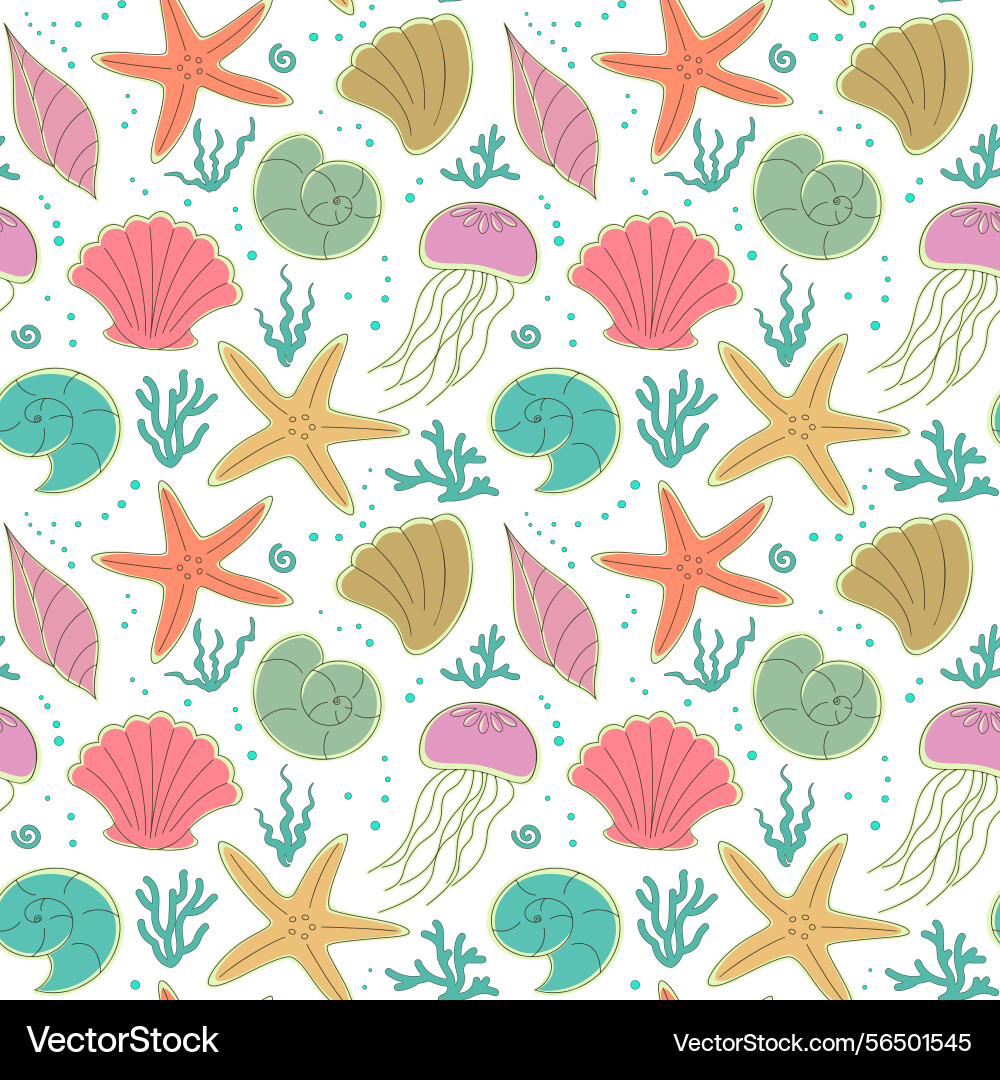 Seamless pattern with shells starfish corals vector image