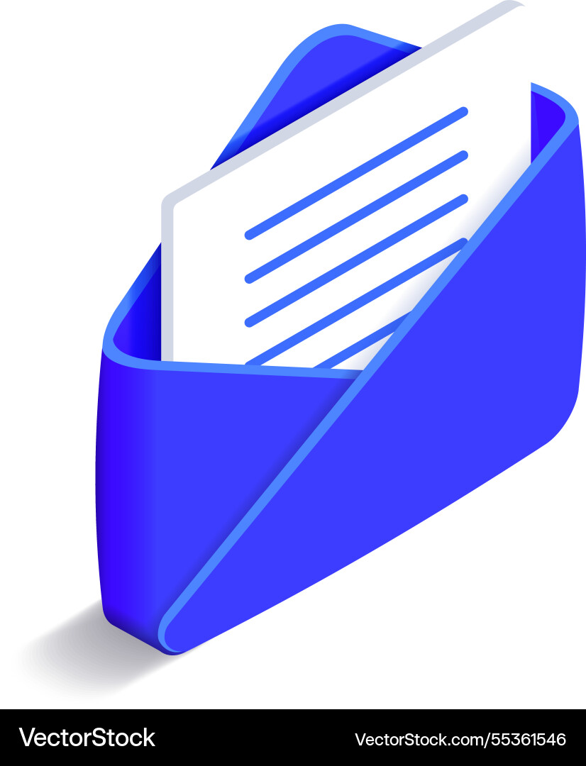 Blue isometric open envelope holding a letter Blue isometric open envelope holding a letter vector image