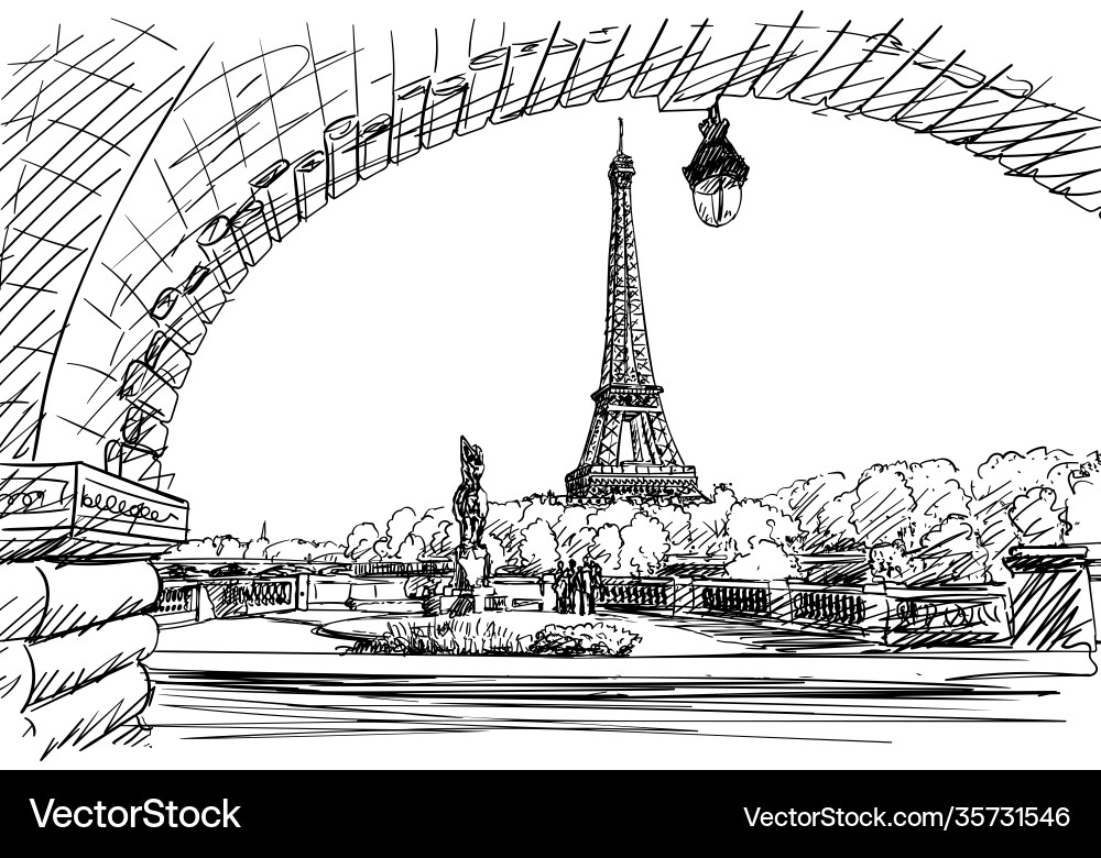 Eiffel tower view from bir-hakeim bridge sketch Eiffel tower view from bir-hakeim bridge sketch vector image
