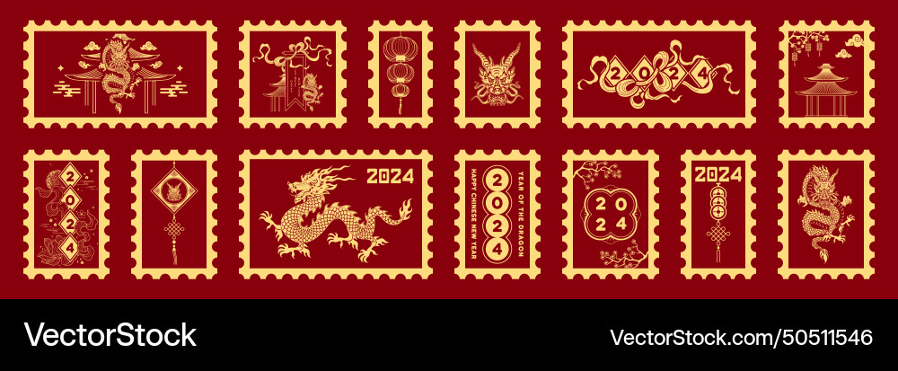 Happy chinese new year 2024 postage stamp set Happy chinese new year 2024 postage stamp set vector image