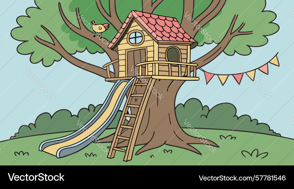 Lively treehouse with colorful slide and playful Vector Image