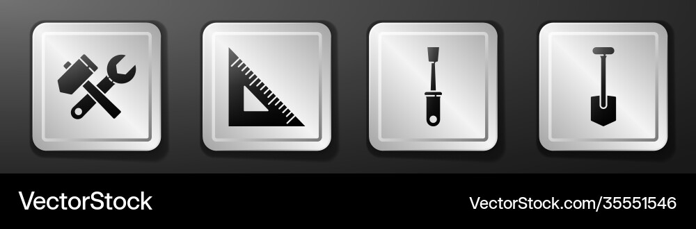 Set hammer and wrench spanner triangular ruler Set hammer and wrench spanner triangular ruler vector image