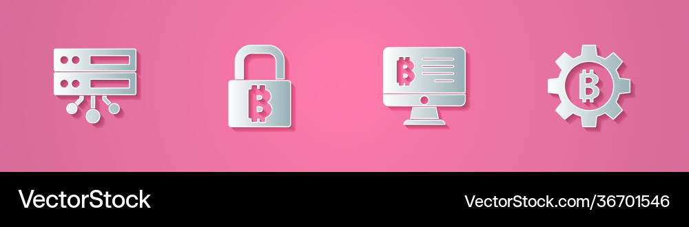 Set paper cut server lock with bitcoin mining Set paper cut server lock with bitcoin mining vector image