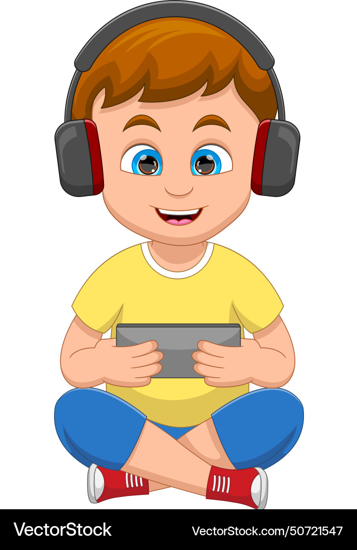 Boy playing with hand phone and wearing headphones Boy playing with hand phone and wearing headphones Vector Image