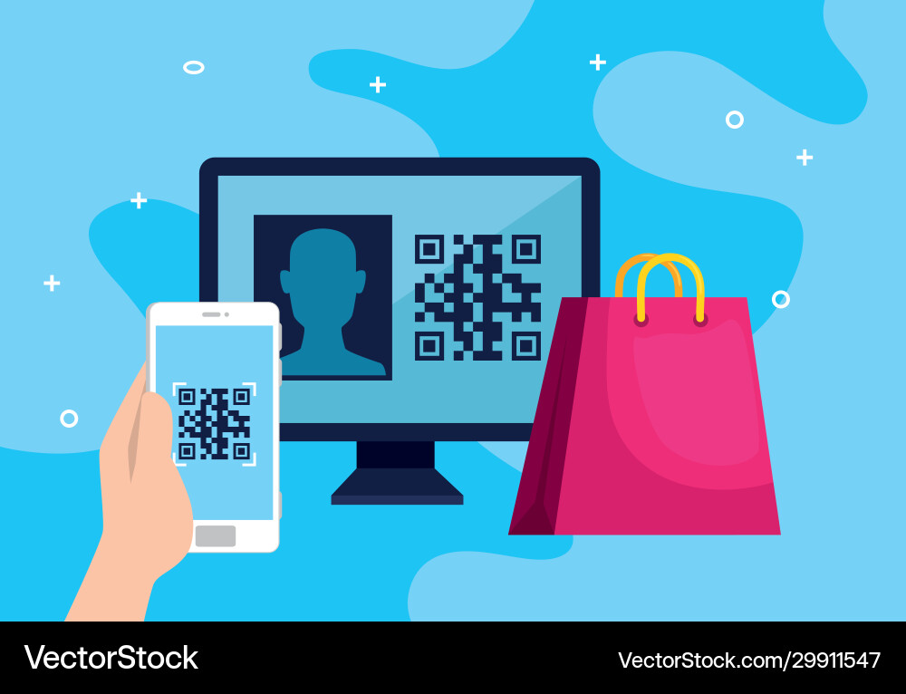 Code qr in computer with smartphone and bag Code qr in computer with smartphone and bag vector image