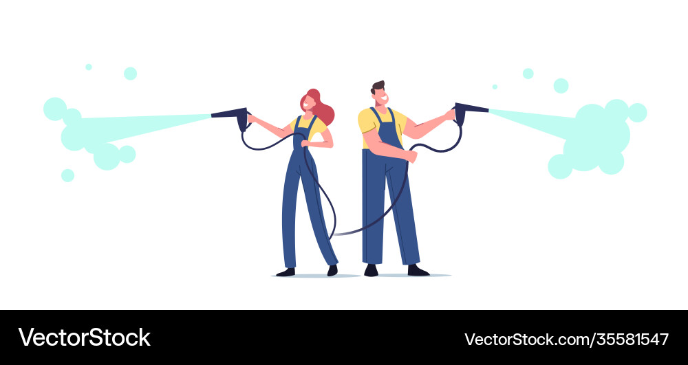 Male and female characters work at car wash Male and female characters work at car wash vector image