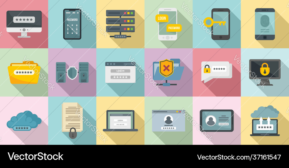 Multi-factor authentication icons set flat style Multi-factor authentication icons set flat style vector image