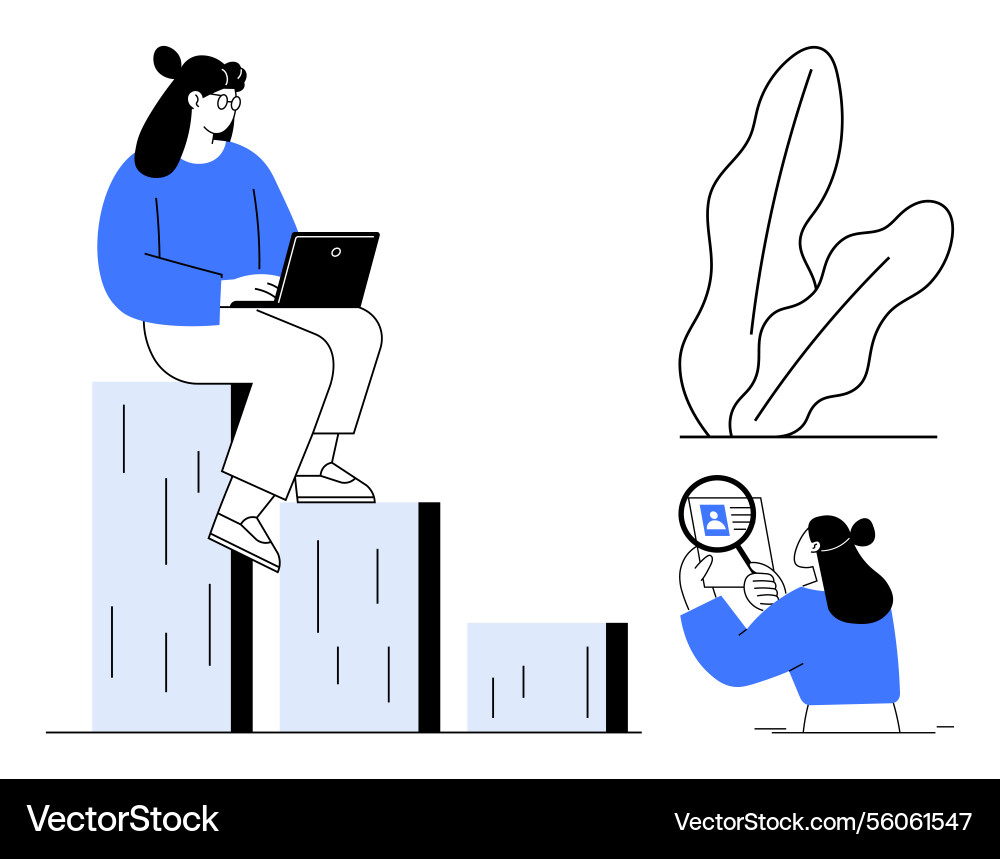Woman using laptop on bar graph analyzing data Woman using laptop on bar graph analyzing data Vector Image