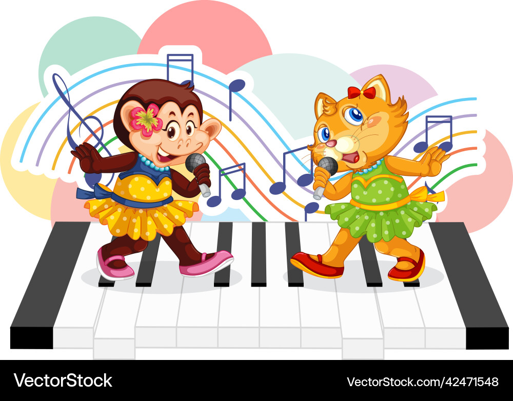 Cute animal sing a song with music notes on piano Vector Image
