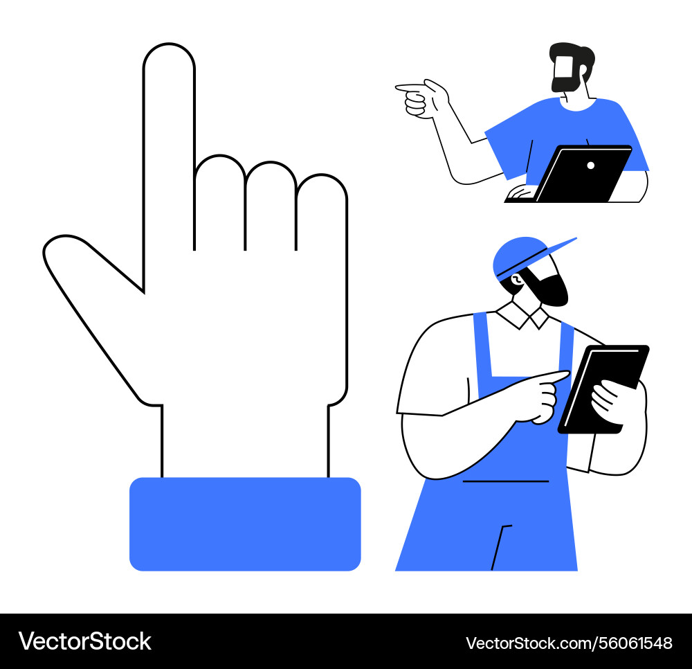 Hand gesture enlarged with worker using tablet Hand gesture enlarged with worker using tablet vector image