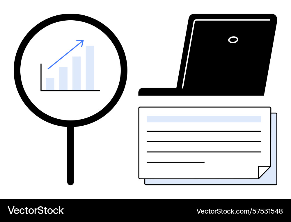 Magnifying data analysis with laptop and documents Vector Image