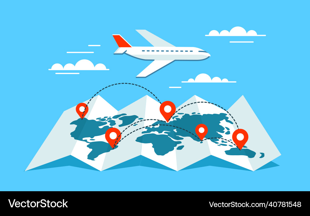 World map with pointers and flying plane travel World map with pointers and flying plane travel vector image