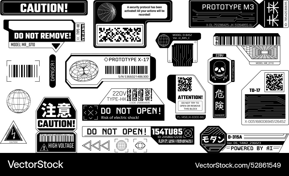 Cyberpunk black stickers futuristic warning Cyberpunk black stickers futuristic warning vector image