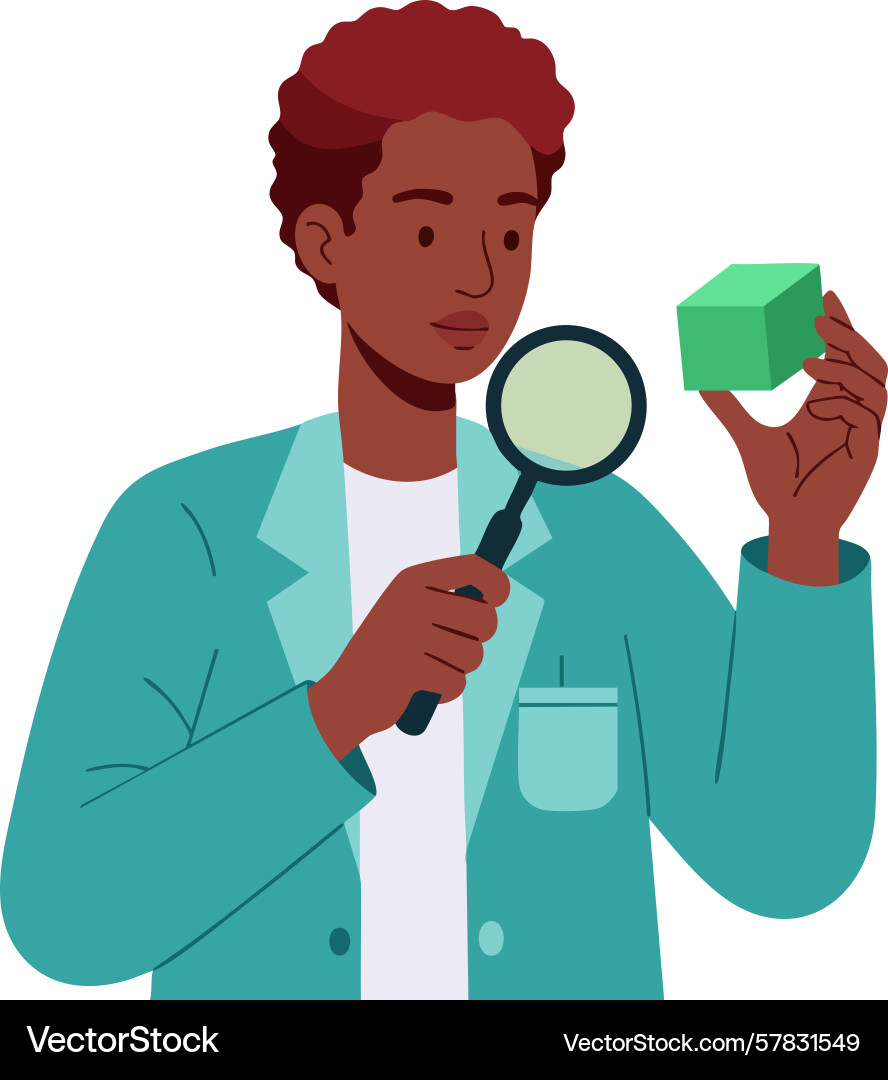 Scientist analyzing green cube with magnifying Vector Image