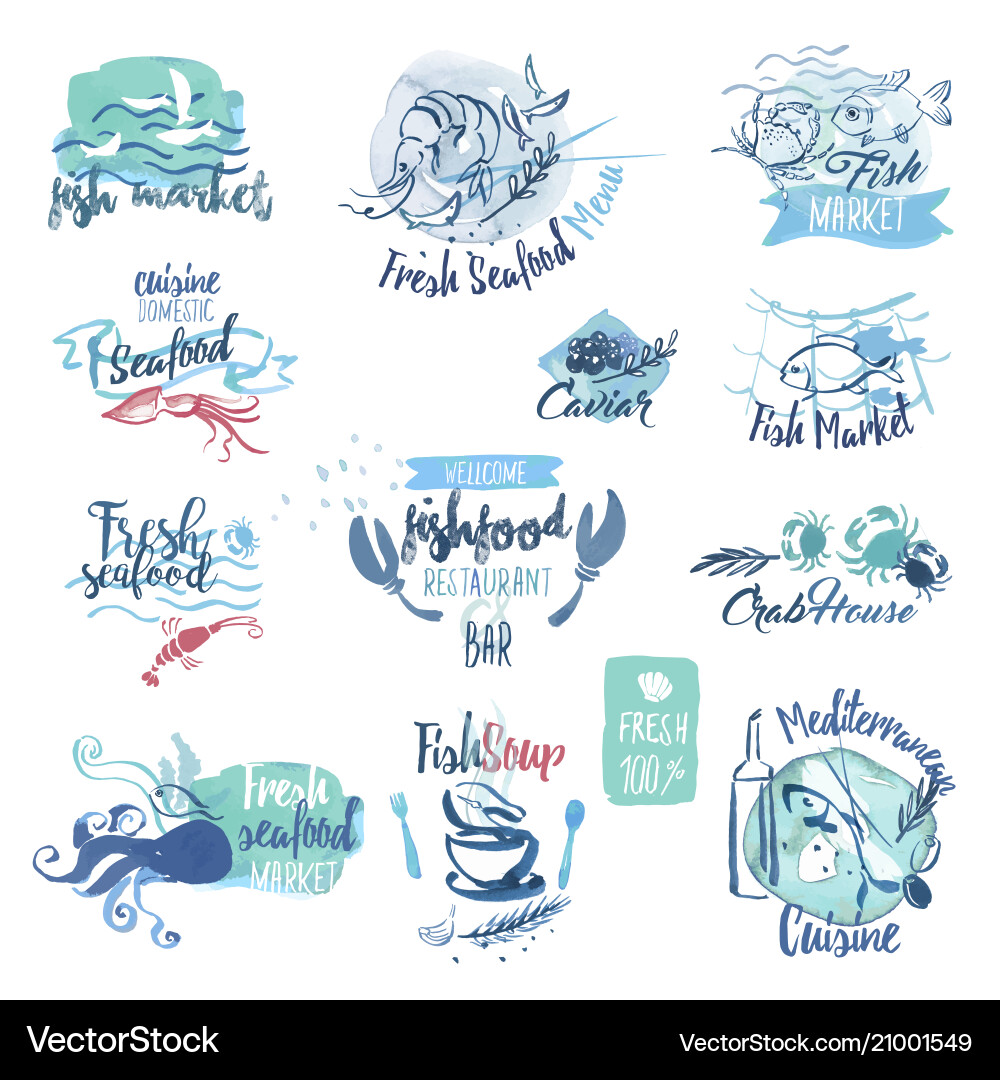 Seafood hand drawn watercolor labels and elements Seafood hand drawn watercolor labels and elements vector image