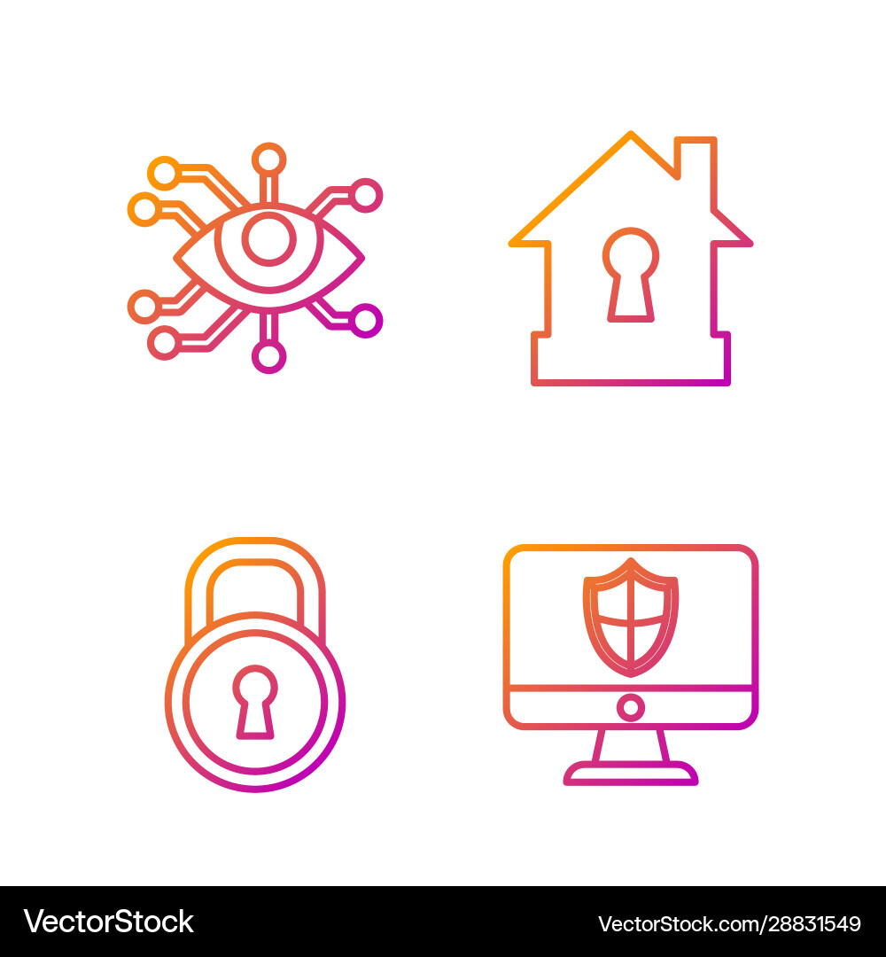 Set line computer monitor and shield lock eye Set line computer monitor and shield lock eye vector image