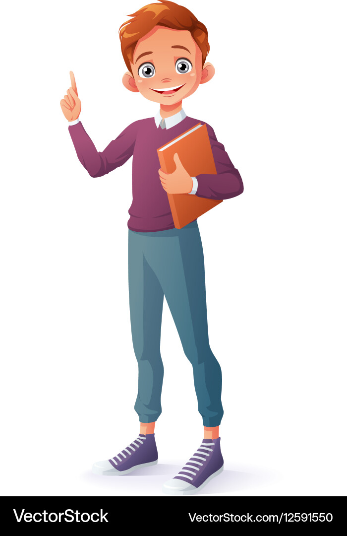 Clever smiling boy index finger pointing up vector image