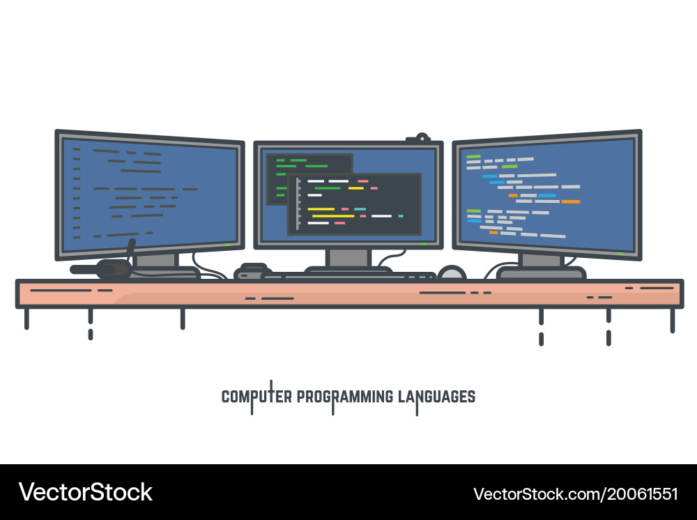 Coding Workspace with Three Monitors vector image