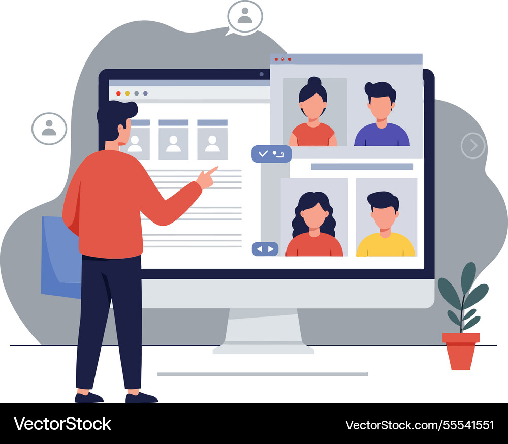 Person interacting with computer screen during vector image