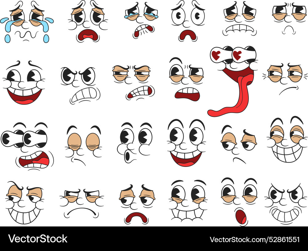 Retro cartoon faces funny 30s mascot character Retro cartoon faces funny 30s mascot character vector image