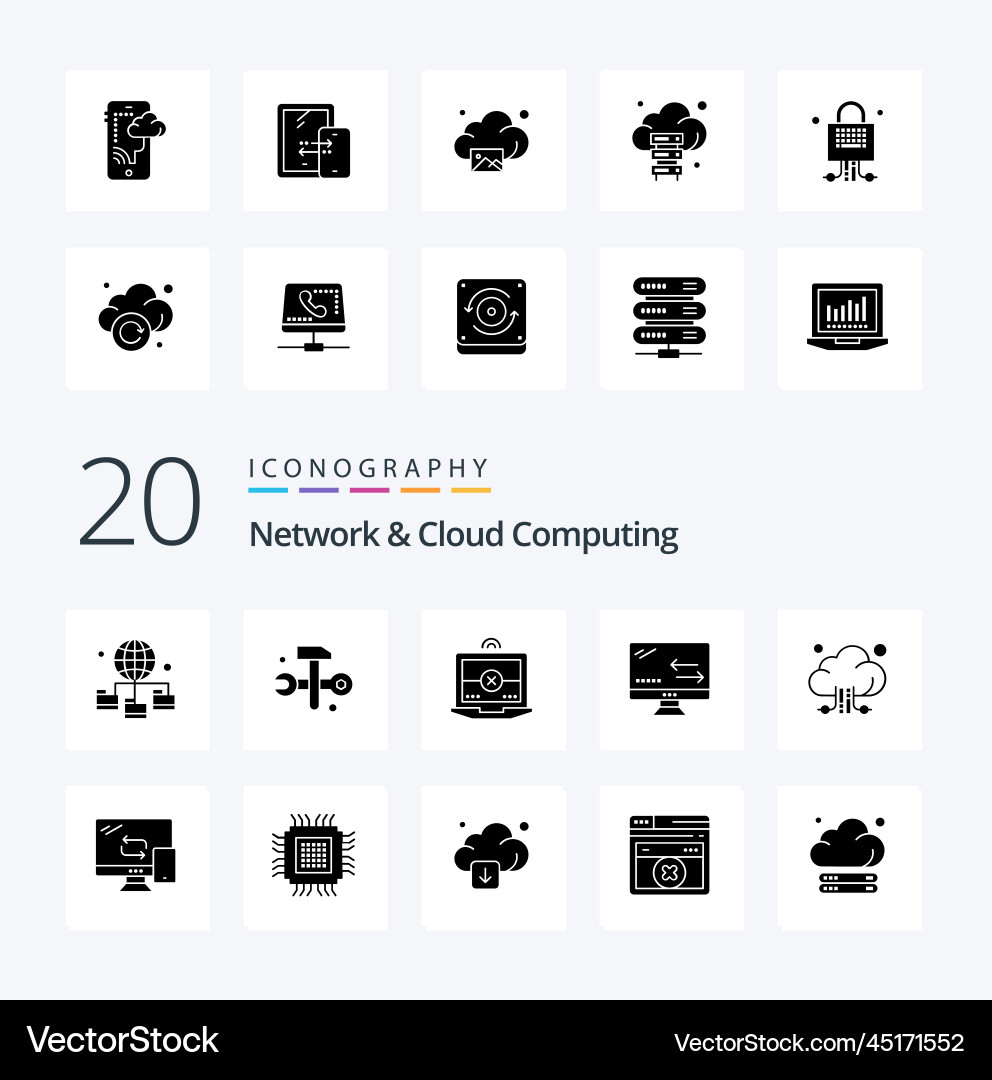 20 network and cloud computing solid glyph icon vector image