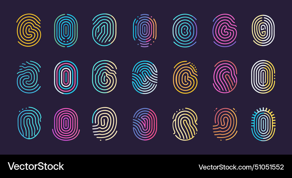 Fingerprints logo set neon fingerprint biometric vector image