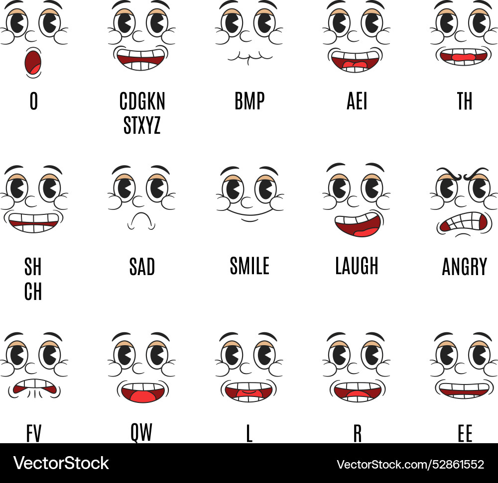 Retro cartoon lip sync animation mouth shapes Retro cartoon lip sync animation mouth shapes vector image