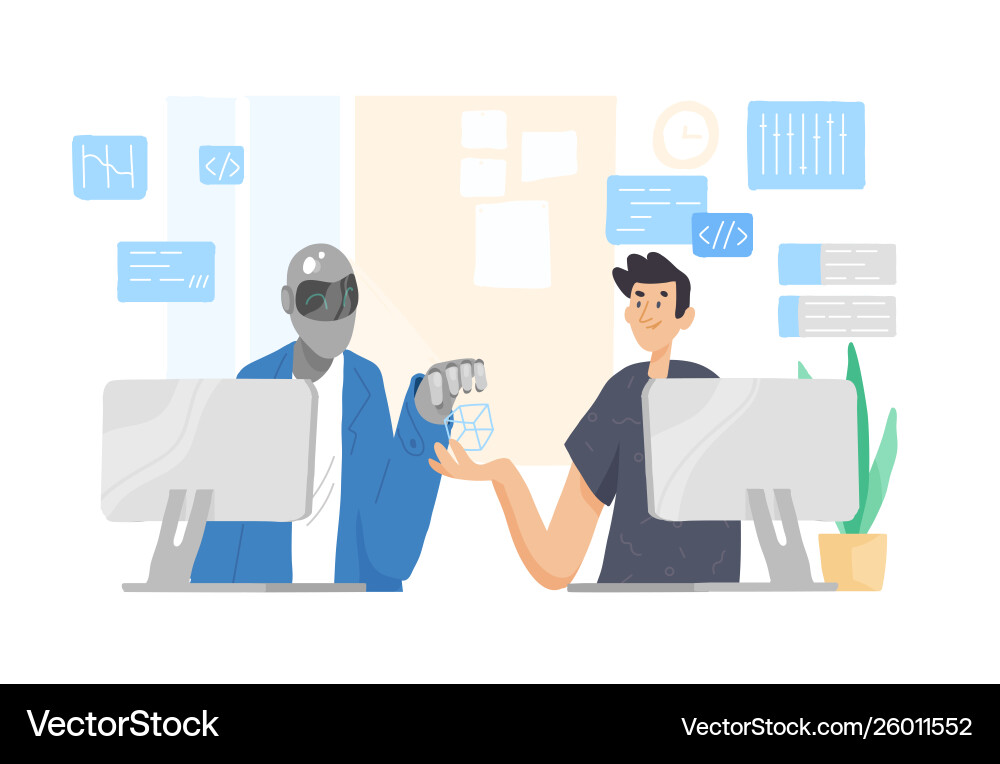 Robot and man sitting at computers working Robot and man sitting at computers working vector image