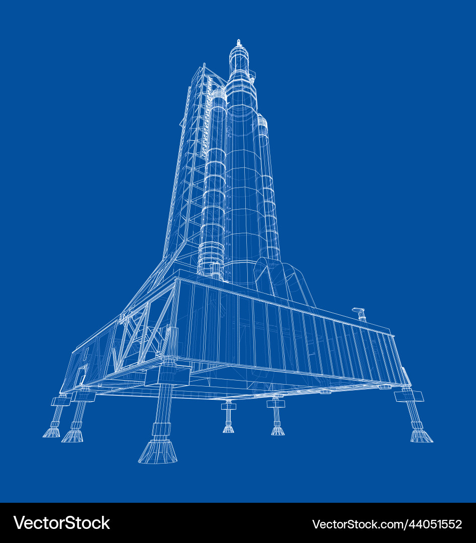 Space rocket on launch pad rendering of 3d vector image