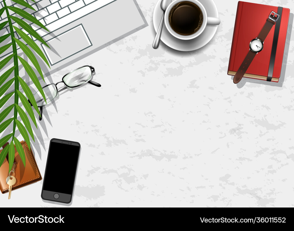 Top view office work table with elements Top view office work table with elements Vector Image