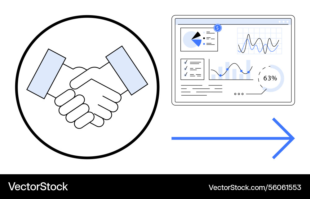 Handshake and data analytics dashboard with arrow Handshake and data analytics dashboard with arrow vector image