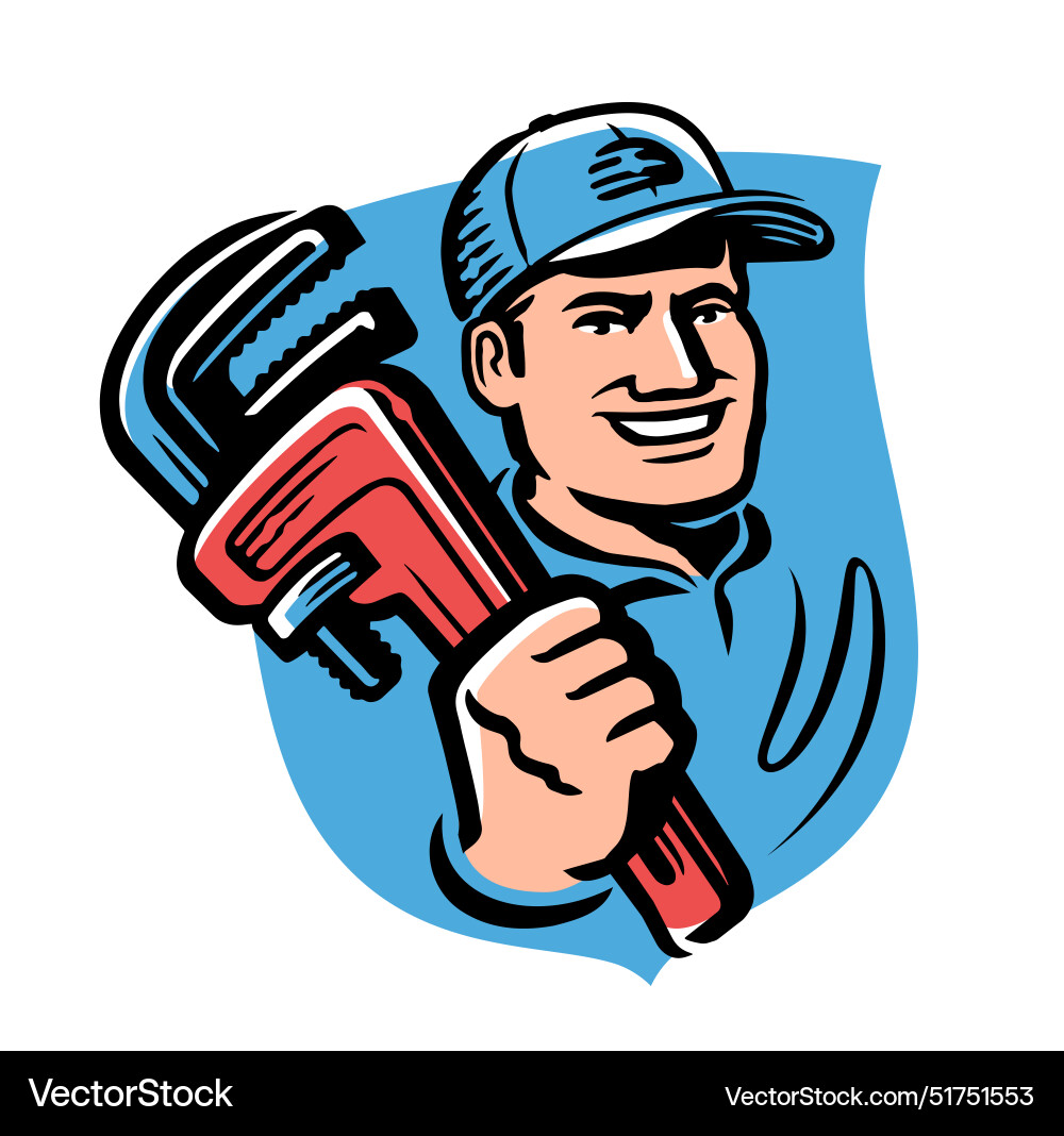 Happy plumber with adjustable wrench tool emblem vector image