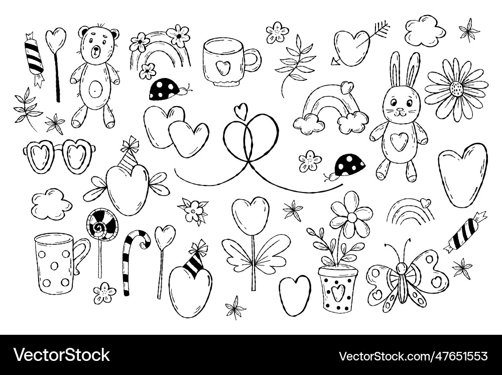 Holiday doodles romantic gifts hearts plush toy Holiday doodles romantic gifts hearts plush toy vector image