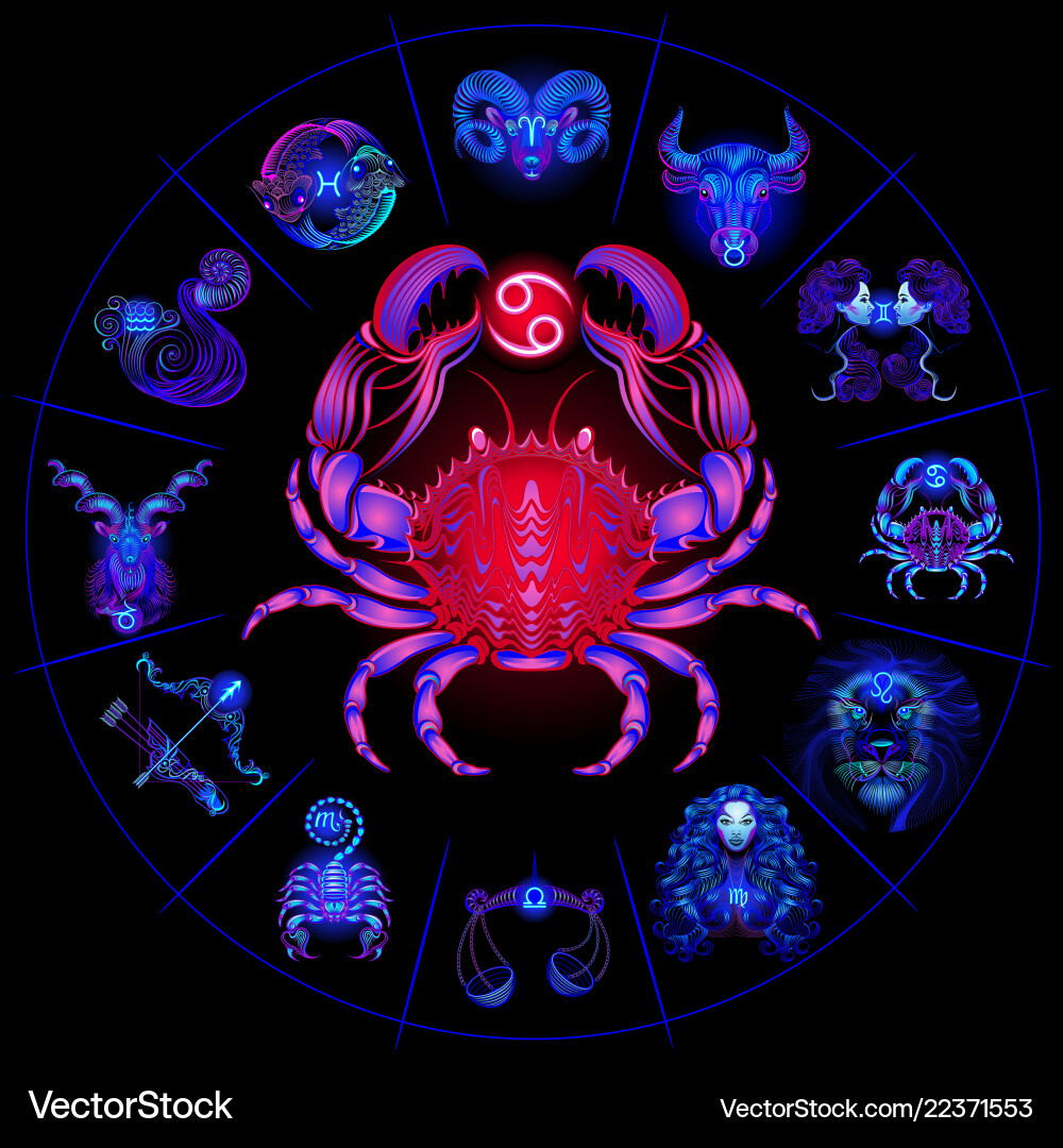 Как выглядит значок рака Neon horoscope circle with signs of zodiac set Vector Image
