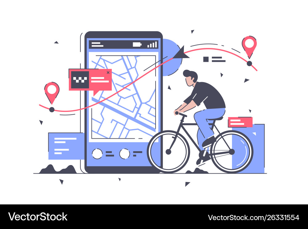 Flat man with bicycle and way on mobile phone map Flat man with bicycle and way on mobile phone map vector image